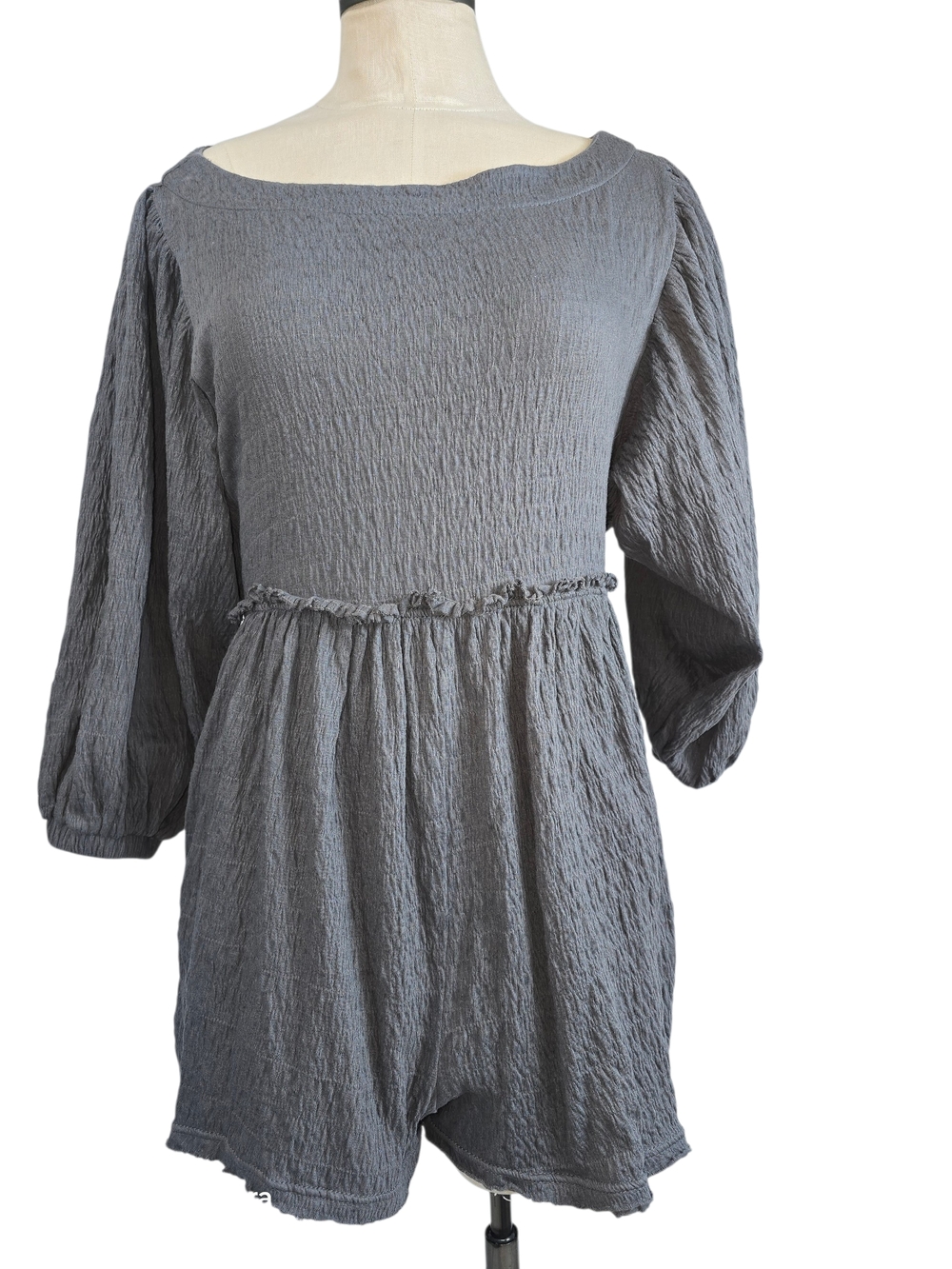 Free People Gray Textured Romper with Balloon Sleeves